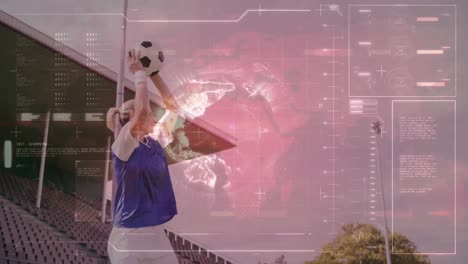 Animation-of-data-processing-with-globe-over-caucasian-female-football-player
