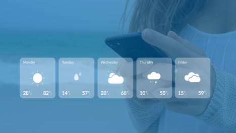 Animation-of-weather-forecast-over-caucasian-woman-using-smartphone