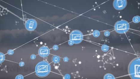 Animation-of-network-of-connections-with-icons-and-molecules-over-sky-with-clouds