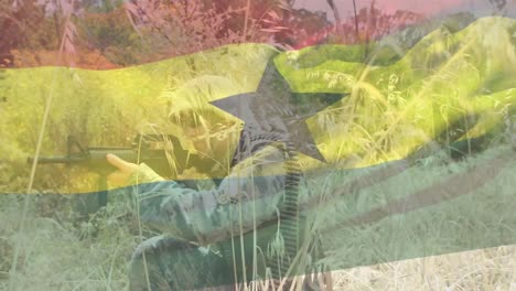 Animation-of-red-shapes-over-flag-of-ghana-over-caucasian-male-soldier