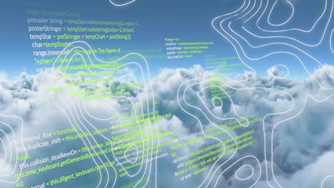 Animation-of-digital-abstract-patterns-with-programming-language-against-cloudscape