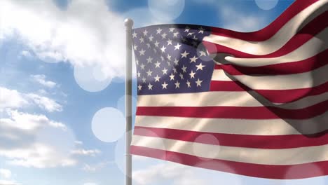 Animation-Von-Punkten-über-Der-Flagge-Der-USA,-Die-über-Dem-Himmel-Weht