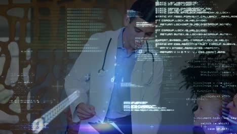 Animation-of-data-processing-with-light-trails-over-diverse-doctor-and-patients