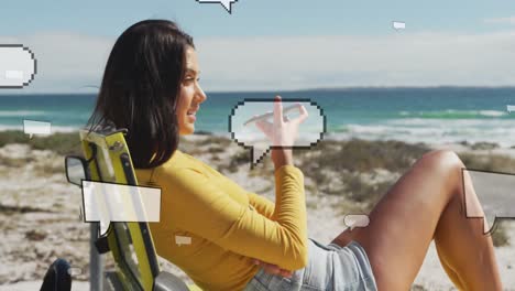 Animation-of-social-media-reactions-over-happy-caucasian-woman-with-smartphone-on-beach