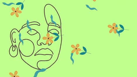 Animation-of-face-drawing-and-flowers-on-green-background
