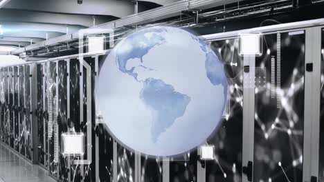Animation-of-dots-interconnecting-lines-with-digital-rotating-globe,-moving-lines-over-server-room