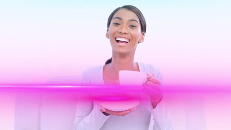 Animation-of-pink-flared-line-over-happy-african-american-young-woman-drink-coffee-and-talking
