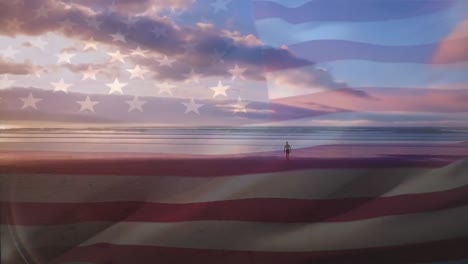 Animation-Von-Lichtpunkten-über-Der-Flagge-Der-USA-Und-Der-Meereslandschaft