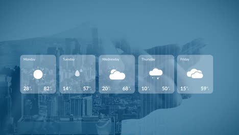 Animation-of-weather-forecast-over-caucasian-woman-using-smartphone-and-cityscape