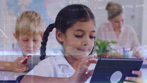 Animation-of-financial-data-over-hispanic-girl-and-class-of-diverse-pupils-with-tablets-at-school