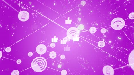 Animation-of-network-of-connections-with-icons-over-light-spots-on-purple-background