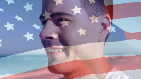 Animation-of-flag-of-usa-over-happy-caucasian-man