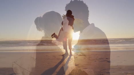 Animation-of-married-african-american-couple-over-african-american-couple-at-beach