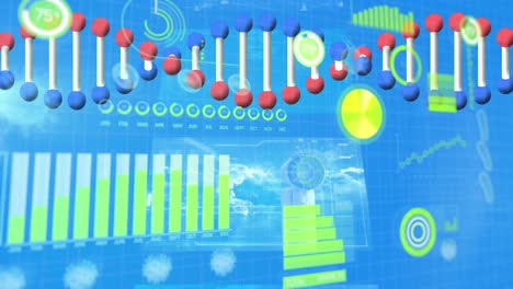 Animación-De-ADN-3d,-Virus-Con-Gráficos,-Procesamiento-De-Datos-Infográficos-En-Interfaz-Digital