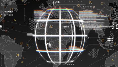 Animation-Von-Daten,-Weltkarte,-Verbindungen-Und-Globus-Auf-Schwarzem-Hintergrund
