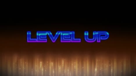 Animation-of-digital-level-up-text-with-illuminated-lights-against-black-background