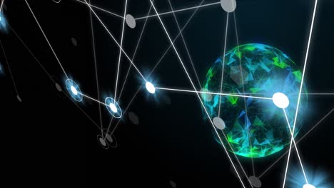 Animation-of-network-of-connections-with-glowing-spots-over-globe-on-black-background