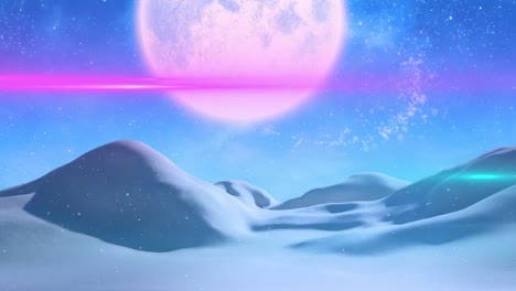 Animation-of-pink-line-and-winter-snowy-landscape-with-moon