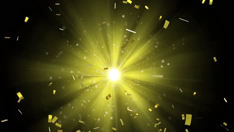 Animation-of-confetti-falling-over-yellow-light-on-black-background