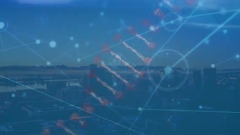 Animation-of-network-of-connections-with-dna-strand-over-cityscape