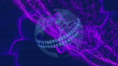 Animation-of-3d-neon-particle-waves,-numbers-with-globe-rotating-on-computer-graphic-background