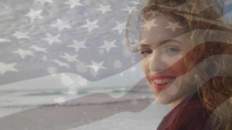 Animation-of-happy-caucasian-woman-over-flag-of-usa