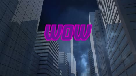 Animation-of-wow-text-over-lightning-and-cityscape