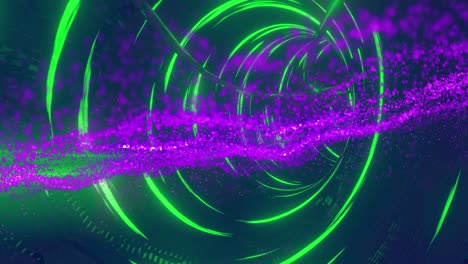 Animation-Von-Violetten-Punkten,-Die-Wellenmuster-Bilden,-Die-Sich-In-Einem-Neongrünen-Schleifentunnel-Bewegen