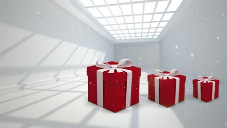 Animation-of-snow-falling-and-presents-over-empty-white-room-with-window