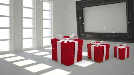 Animation-of-red-christmas-gift-boxes-jumping-by-window-with-snowfall,-frame-with-copy-space-at-home