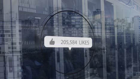 Animation-of-thumbs-up-sign-with-increasing-number-of-likes-amidst-circle-against-cityscape