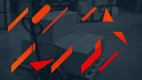 Animation-of-orange-geometric-shapes-with-cardboard-boxes-on-pallet-jack-in-distribution-warehouse