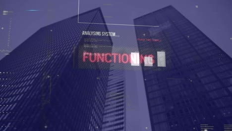Animation-of-data-and-graphs-processing-on-navy-digital-screen-over-skyscrapers
