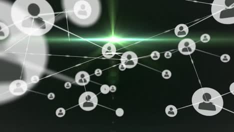 Animation-Des-Netzwerks-Von-Verbindungen-Mit-Symbolen-Auf-Dunklem-Hintergrund