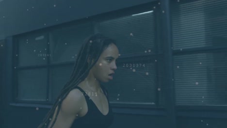 Animation-of-number-counter-and-connecting-dots-caucasian-woman-with-dreadlocks-running-in-city