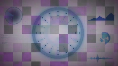 Animation-Von-Formen,-Globus-Und-Diagrammen-Im-Raum-Mit-Violetten-Quadraten