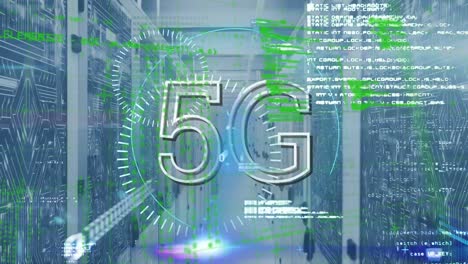 Animation-of-5g-symbol-with-futuristic-interface-and-computer-language
