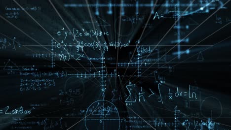 Animation-of-digital-screen-with-math-formulas-over-black-background