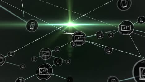Animation-of-light-beam-passing-through-laptop,-mobile-icons-connecting-dots-on-digital-interface