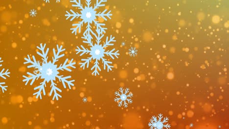 Animation-of-snowflakes-over-light-spots-on-orange-background