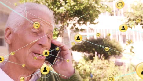 Animation-of-connections-over-happy-caucasian-senior-man-having-call