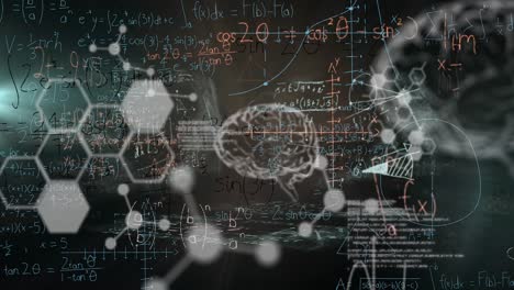 Animation-of-digital-screen-with-scientific-data,-brain-and-math-formulas-on-black-background