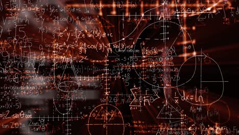 Animation-of-digital-screen-with-data-and-math-formulas-on-black-background