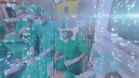 Animation-of-connections,-lights-and-data-over-diverse-surgeons-during-operation