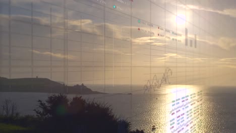 Animation-Mehrerer-Diagramme-Auf-Einem-Gittermuster,-Die-Sich-über-Eine-Malerische-Aussicht-Auf-Das-Meer-Vor-Dem-Himmel-Bei-Sonnenuntergang-Bewegen