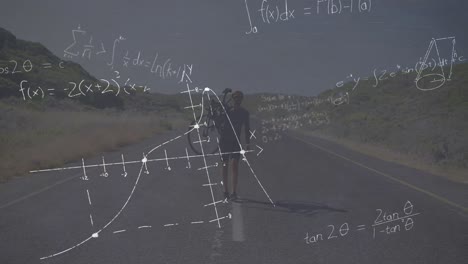 Animation-of-mathematical-equations-over-caucasian-man-holding-bicycle
