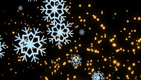 Animation-of-snowflakes-over-light-spots-on-black-background