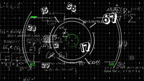 Animation-of-viewfinder,-math-formulas-and-numbers-on-black-background