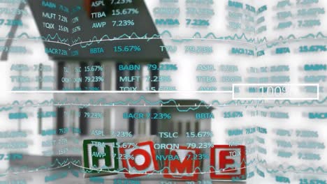 Animation-of-stock-market-data-with-wooden-home-text,-graph,-house-model-on-digital-interface