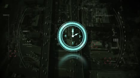 Animation-of-moving-clock-and-scope-scanning-over-cityscape